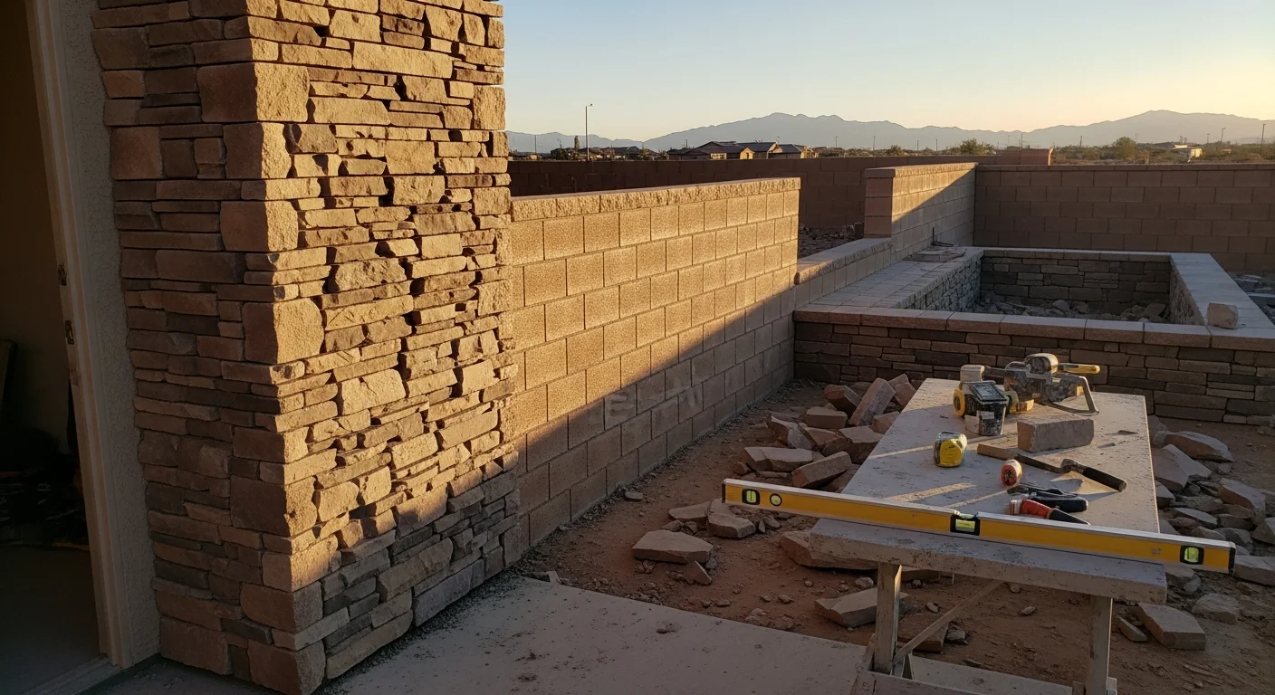 Stone veneer and block wall masonry on Las Vegas home exterior