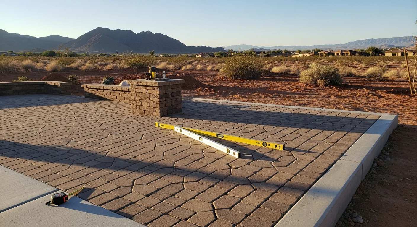 Custom patio with concrete and pavers in Las Vegas backyard