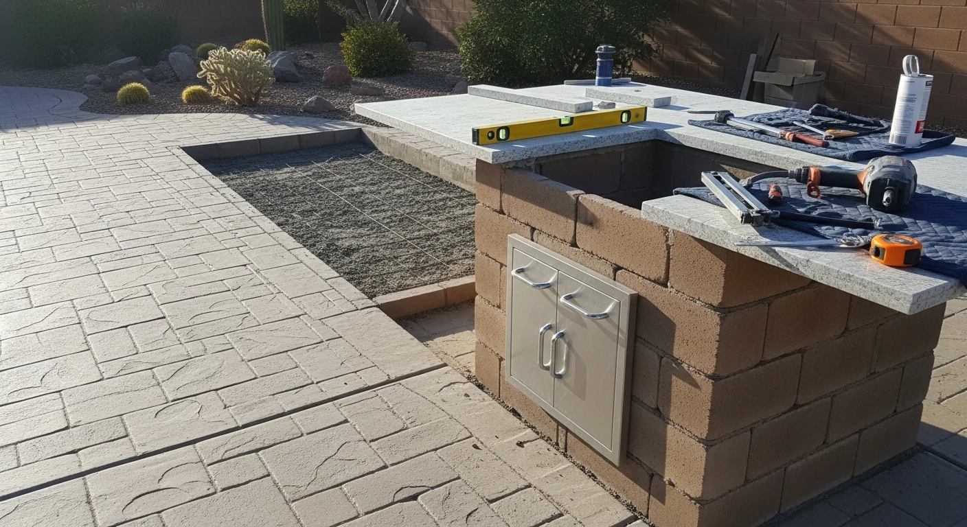 A custom built-in BBQ island installed on a concrete patio in a Las Vegas backyard, featuring stone veneer cladding, stainless steel appliances, and counter seating. The desert landscaping and clear sky visible in the background reflect the Southern Nevada outdoor living environment.