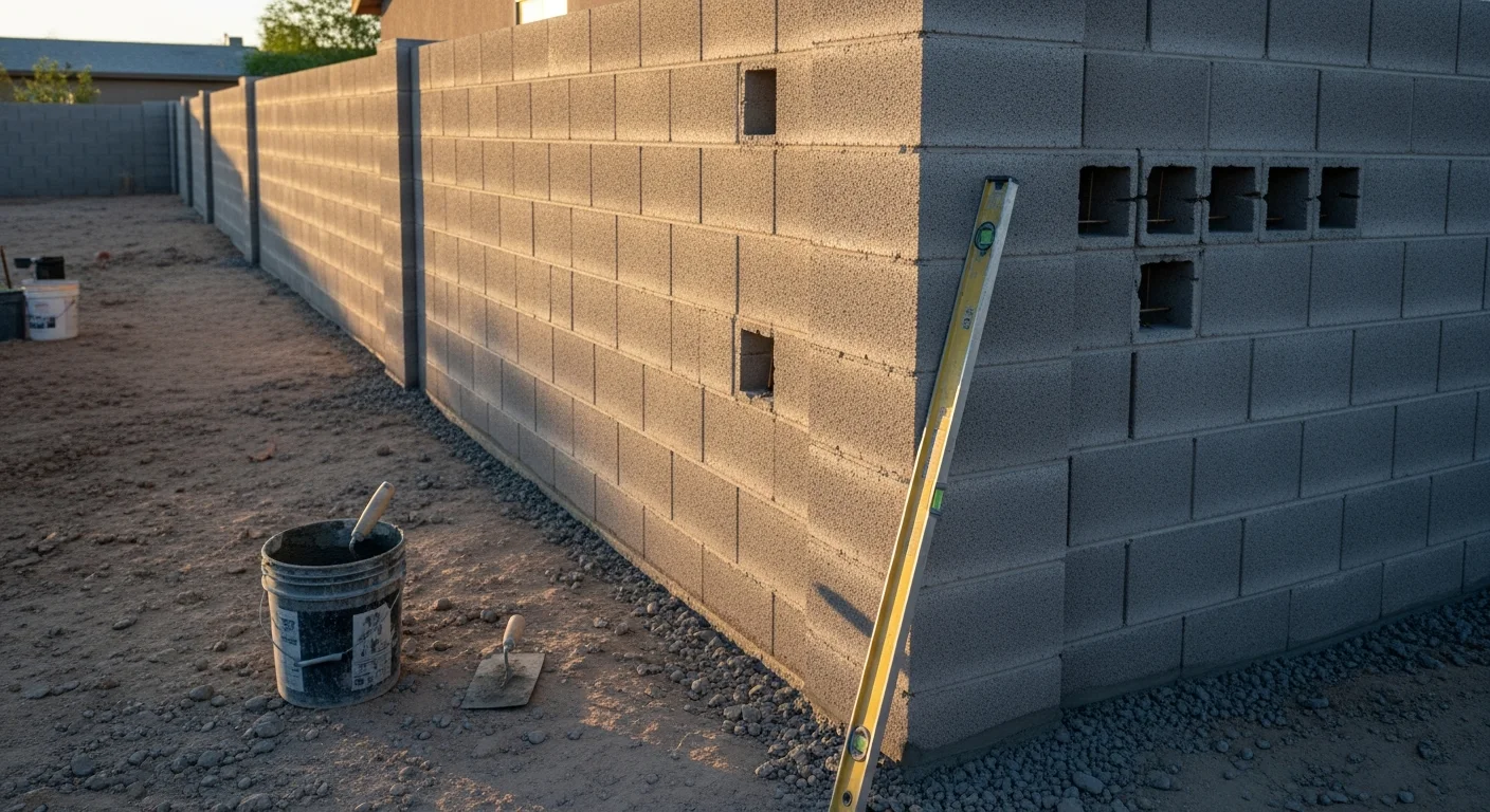 A finished six-foot concrete masonry block wall along the rear yard of a Las Vegas residential property, showing clean mortar joints, a flat cap, and desert landscaping at the base. The wall runs the full length of the lot under a clear Nevada sky.