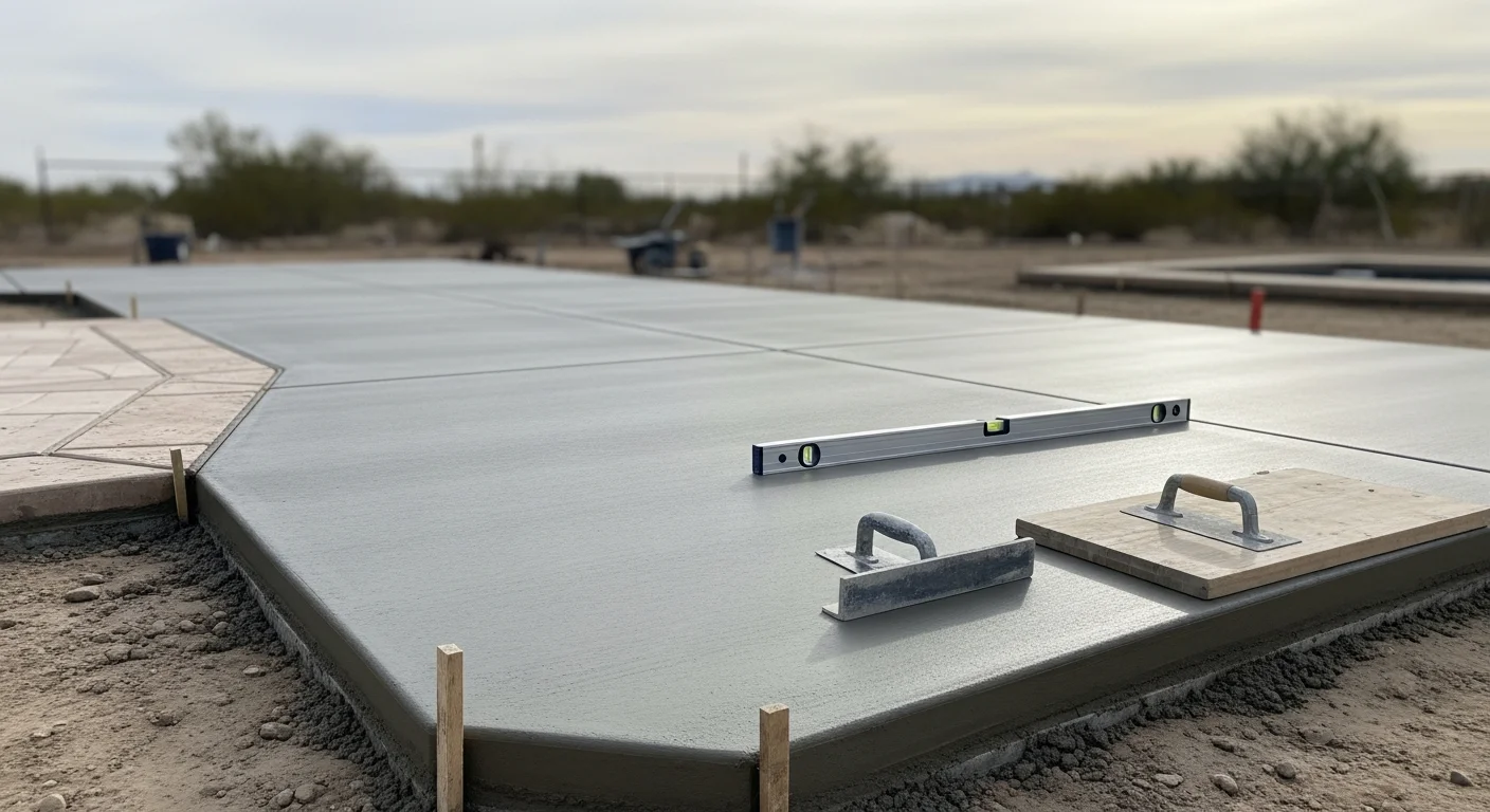 Freshly installed concrete driveway and front walkway at a single-family home in Las Vegas, Nevada. The smooth gray slab runs from the street to the front entry under a clear desert sky.