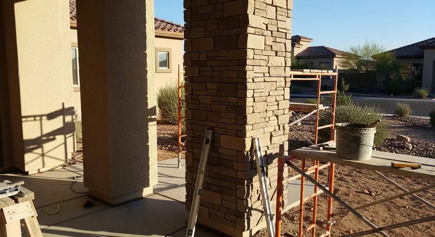 Finished decorative masonry columns flanking the front entryway of a Las Vegas residential home, with a stucco finish matching the exterior facade. Stone-detailed column bases are set on a concrete patio in a desert landscaped yard.