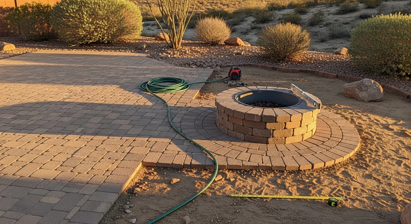 A custom built-in fire pit installed on a concrete patio in a Las Vegas backyard, surrounded by hardscape seating and desert landscaping. The fire pit is centered in the outdoor living space with the home exterior visible in the background.