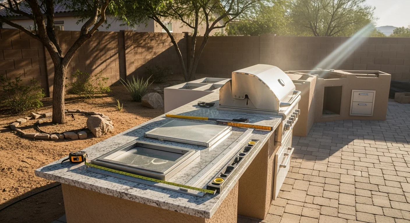 Completed custom outdoor kitchen installed by Alliance Design and Construction, LLC in a Las Vegas backyard, featuring a built-in grill station, weather-resistant cabinetry, and a shade structure designed for the desert climate. The kitchen is positioned on a paved patio with a clear cooking zone and adjacent seating area.