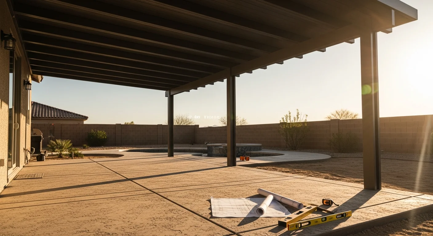 A custom patio cover installed by Alliance Design and Construction, LLC over a Las Vegas backyard patio, providing full overhead shade on a sunny desert afternoon. The structure is attached to the rear of a single-story home with a clean, finished roofline visible against a clear blue sky.