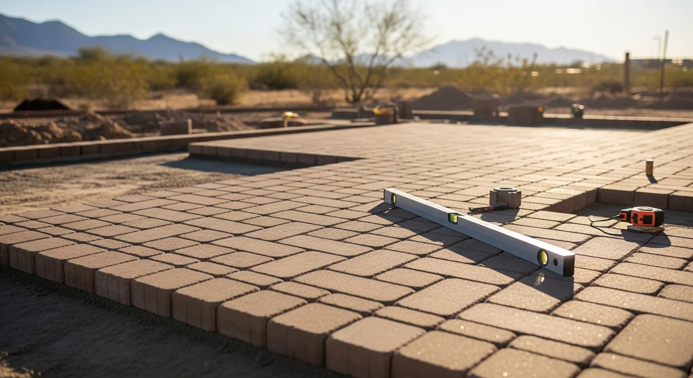 A finished residential patio installation in Las Vegas with a structured overhead cover and clean hardscape surface in a desert backyard setting. The space shows a shaded seating area built to handle the Southern Nevada climate.