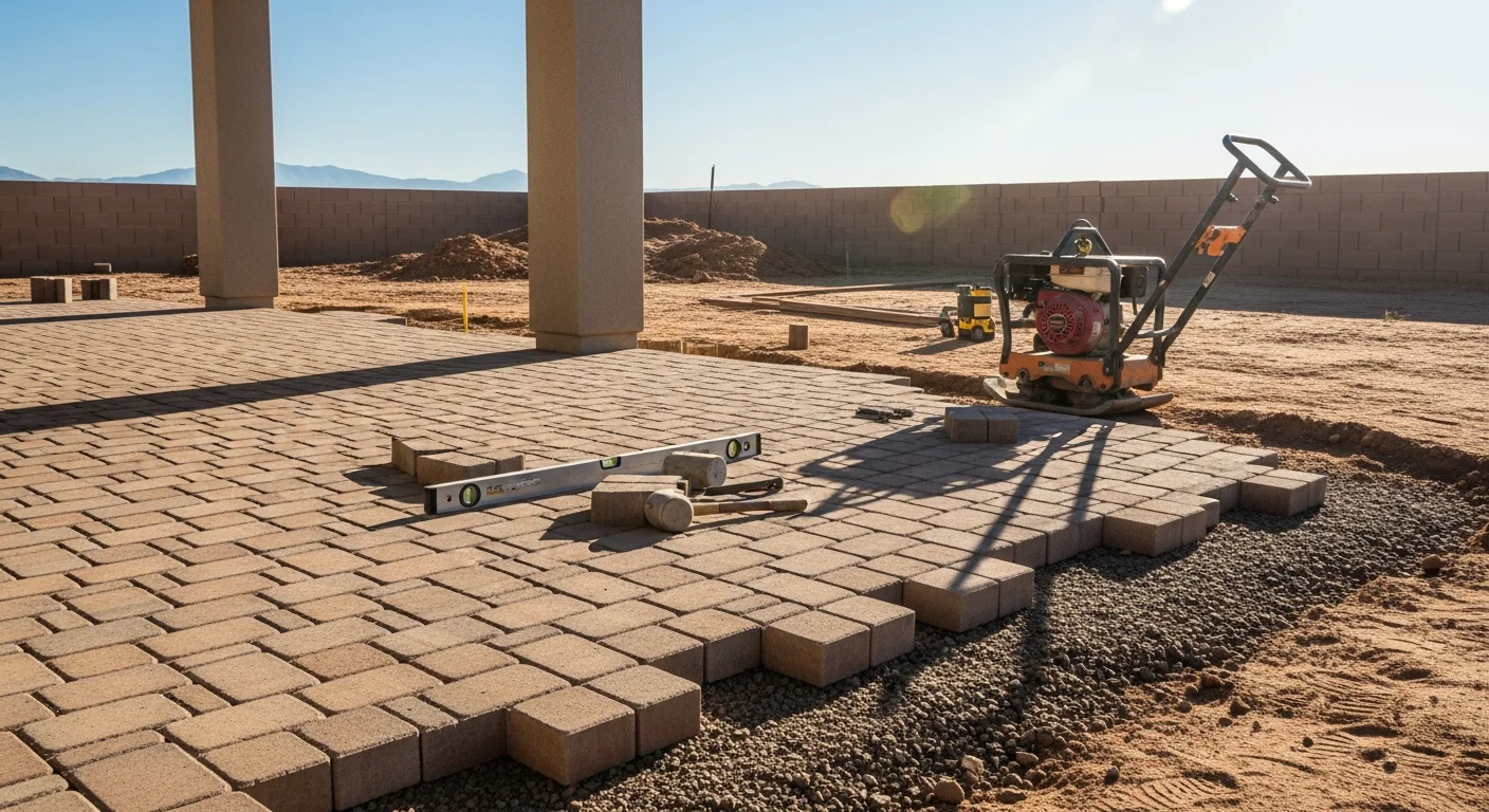 Freshly installed interlocking pavers forming a wide residential driveway in Las Vegas, with clean edge restraints and a uniform pattern set against a desert-landscaped front yard. Close-up view shows tight joint lines and a level surface ready for vehicle traffic.
