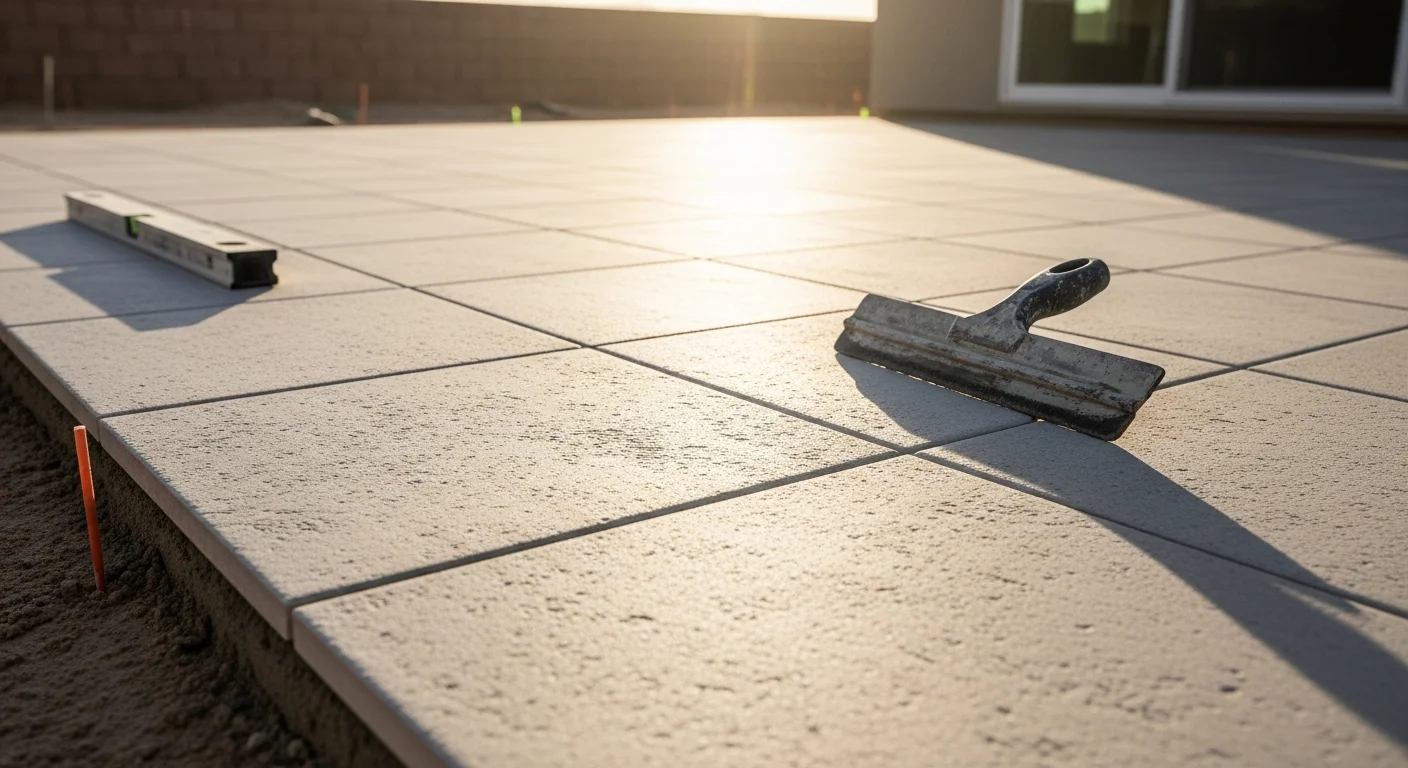 Freshly installed light-toned porcelain surface on a Las Vegas residential patio, showing clean grout lines and a smooth, even finish. The outdoor space connects to a pool deck area under bright desert sunlight.