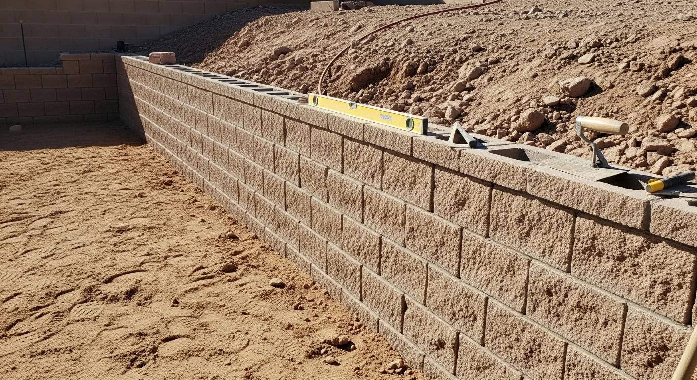 A finished masonry retaining wall built by Alliance Design and Construction, LLC on a sloped residential property in Las Vegas, Nevada. The wall uses concrete block construction with clean horizontal courses, holding back a graded hillside and creating a level yard area below.