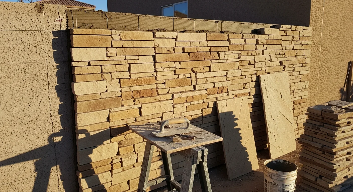 Stone veneer installed on the exterior facade of a Las Vegas residential property, showing textured stone panels covering the front wall and base of the home. Close-up view highlights the mortar joints and layered stone pattern against a desert landscape background.