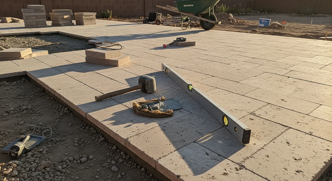 Travertine stone patio and pool deck installed by Alliance Design and Construction, LLC at a Las Vegas residential property. Light-toned natural stone pavers cover the outdoor surface with clean joints and a smooth finish suited to the desert climate.
